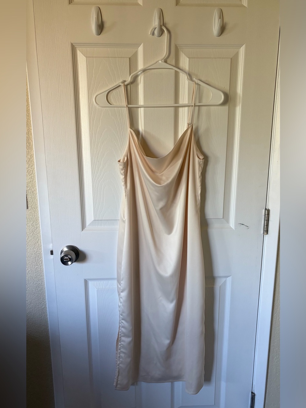 Almia Satin Slip Midi Dress in Light Cream